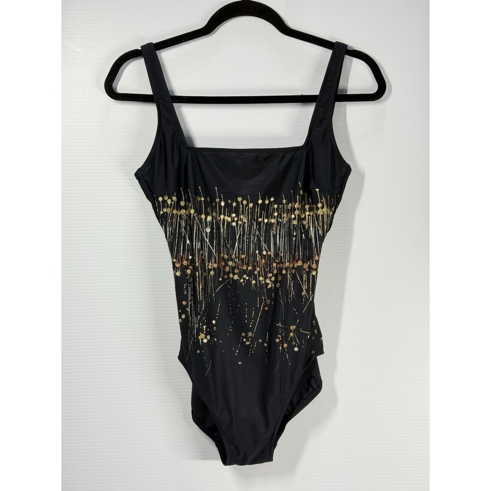 Vintage Gottex Swimsuit One Piece Womens Size 12 Deadstock Black Gold Metallic